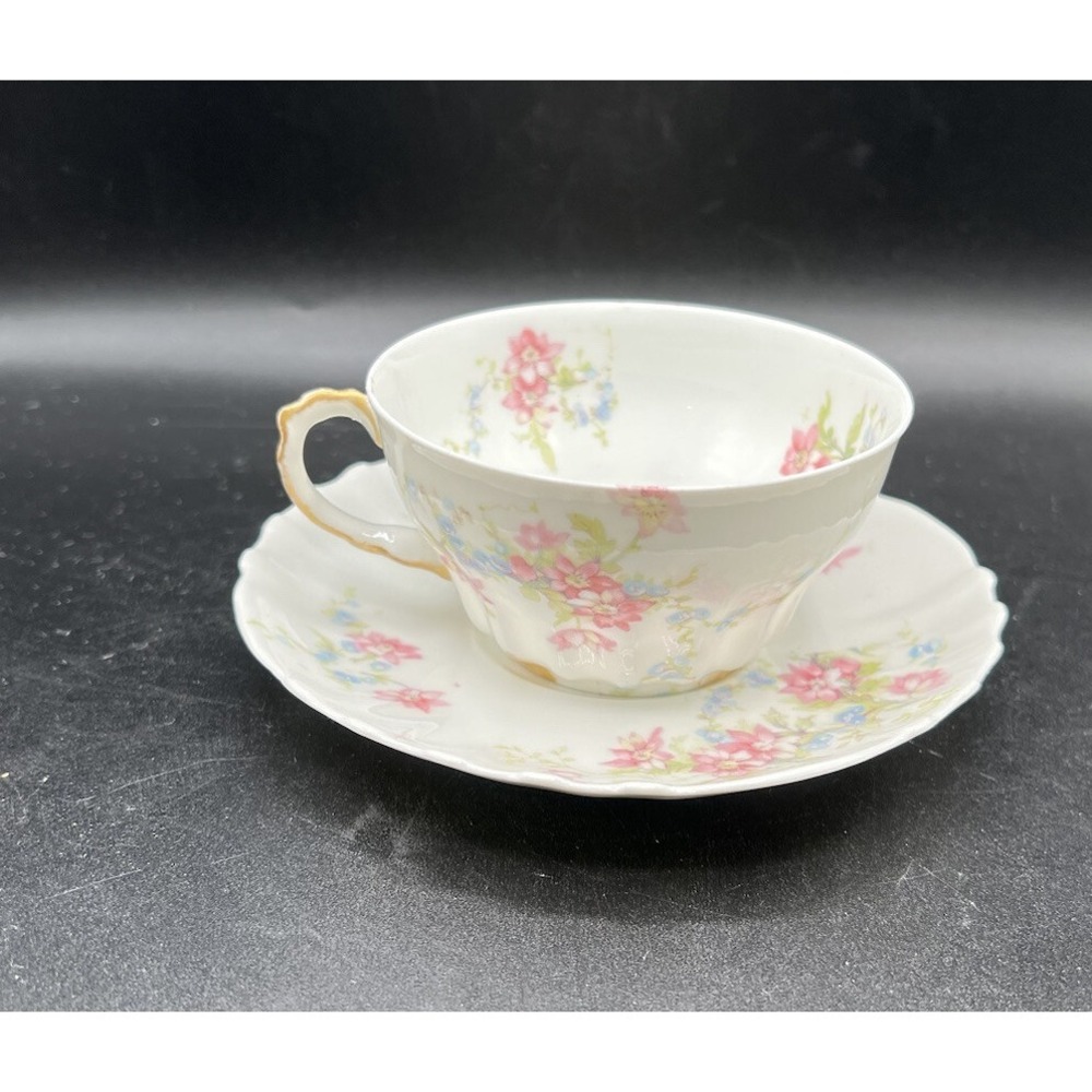 Theodore Haviland Limoges France Teacup and Saucer Set Pink Floral‎ Gold Trim